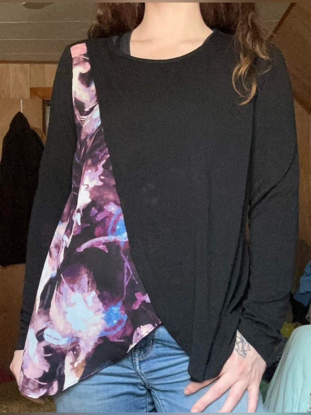 Simply Vera Vera Wang Black Multicolor Floral Print Wrap Layered Shirt